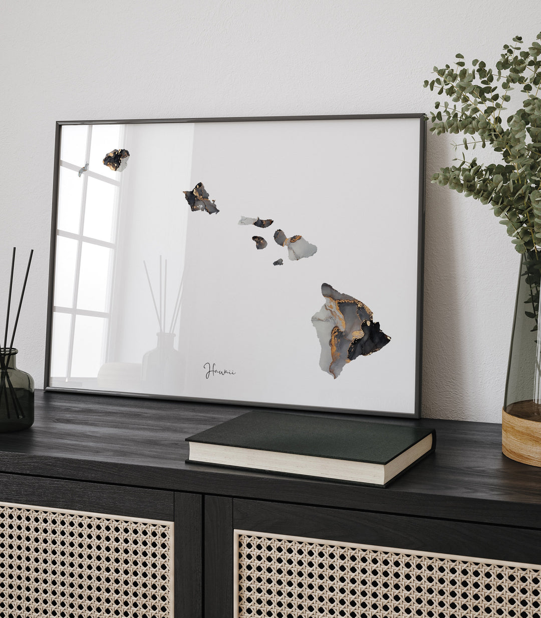 Hawaii Map Black & Gold Wall Art Print US State