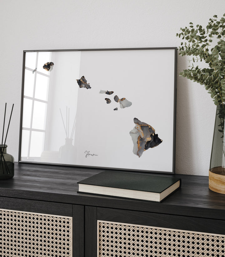 Hawaii Map Black & Gold Wall Art Print US State