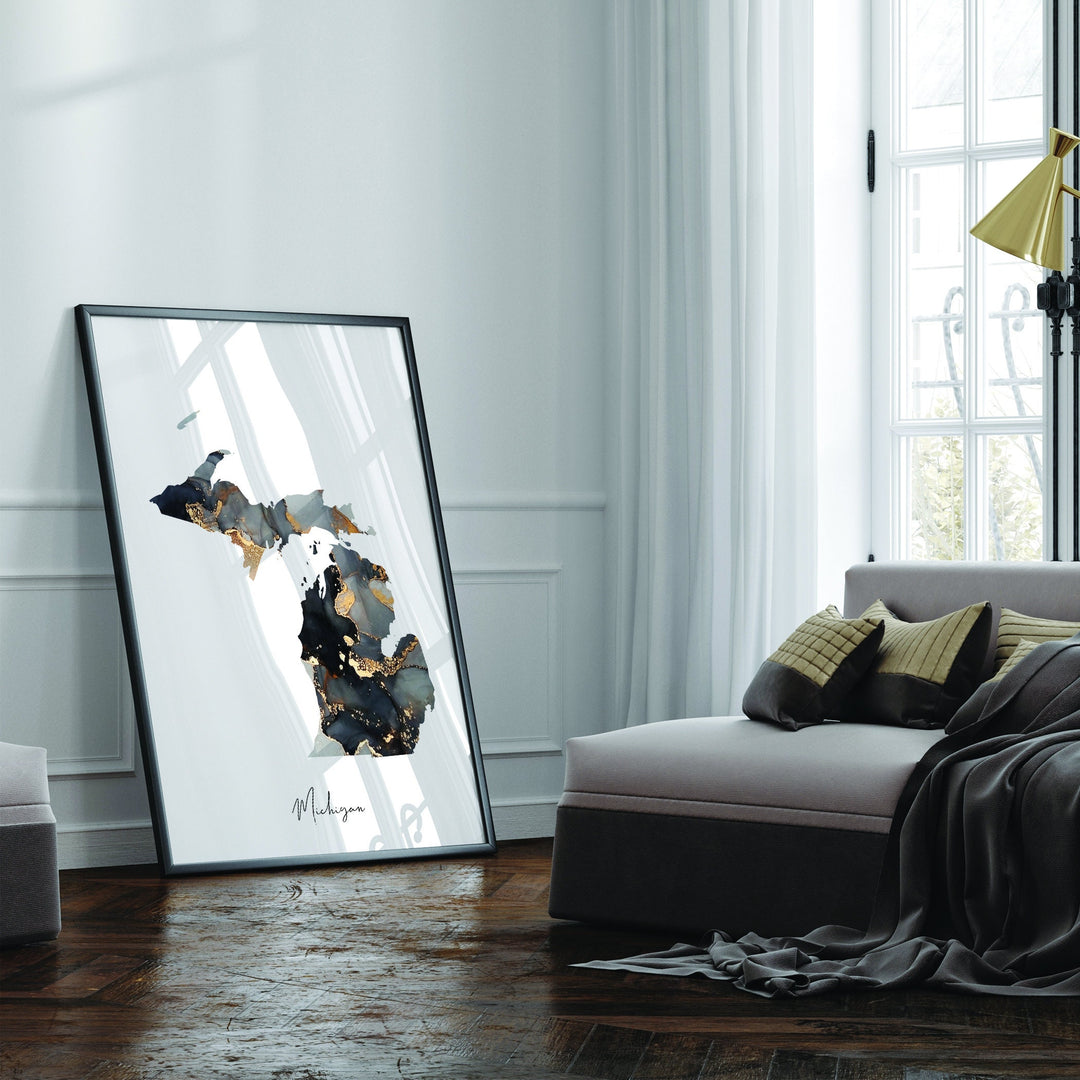 Michigan Map Black & Gold Wall Art Print US State | USA | United States of America