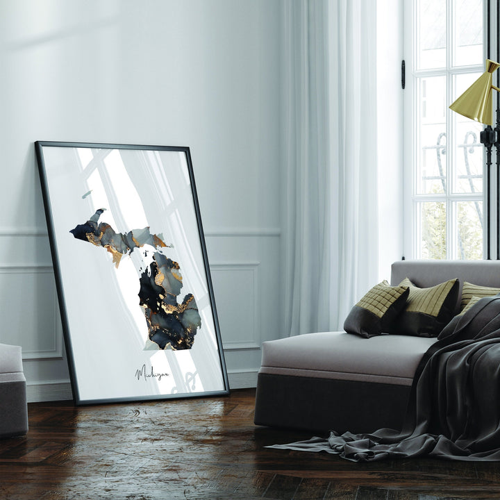 Michigan Map Black & Gold Wall Art Print US State | USA | United States of America