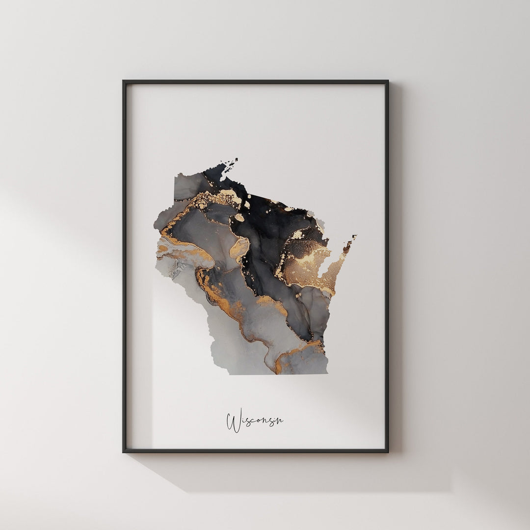 Wisconsin Map Black & Gold Wall Art Print US State | USA | United States of America