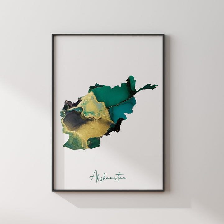 Afghanistan Map Emerald Green and Gold Wall Art Print