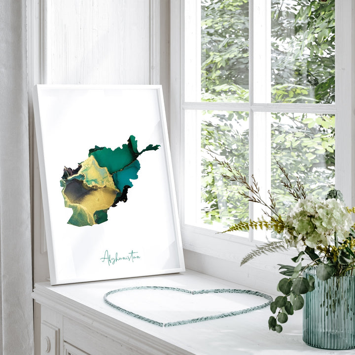 Afghanistan Map Emerald Green and Gold Wall Art Print