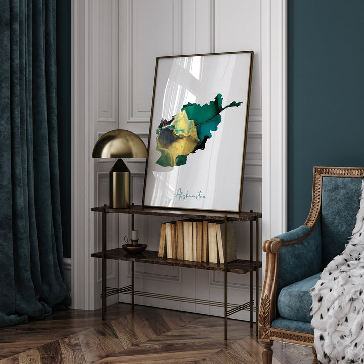 Afghanistan Map Emerald Green and Gold Wall Art Print