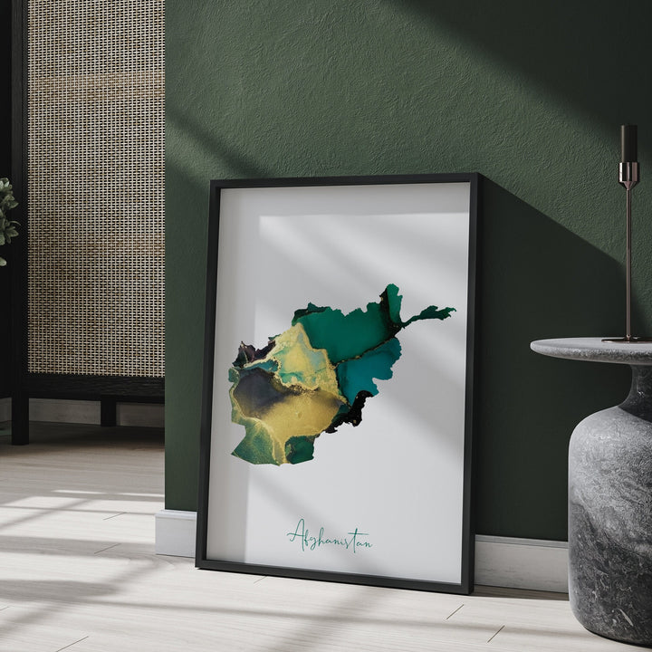 Afghanistan Map Emerald Green and Gold Wall Art Print