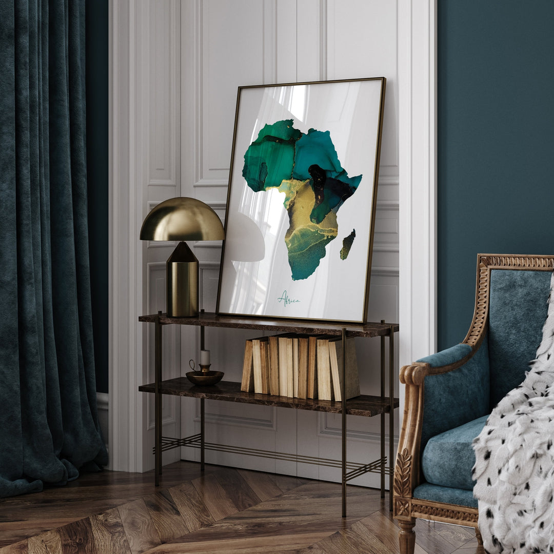 Africa Map Emerald Green and Gold Wall Art Print