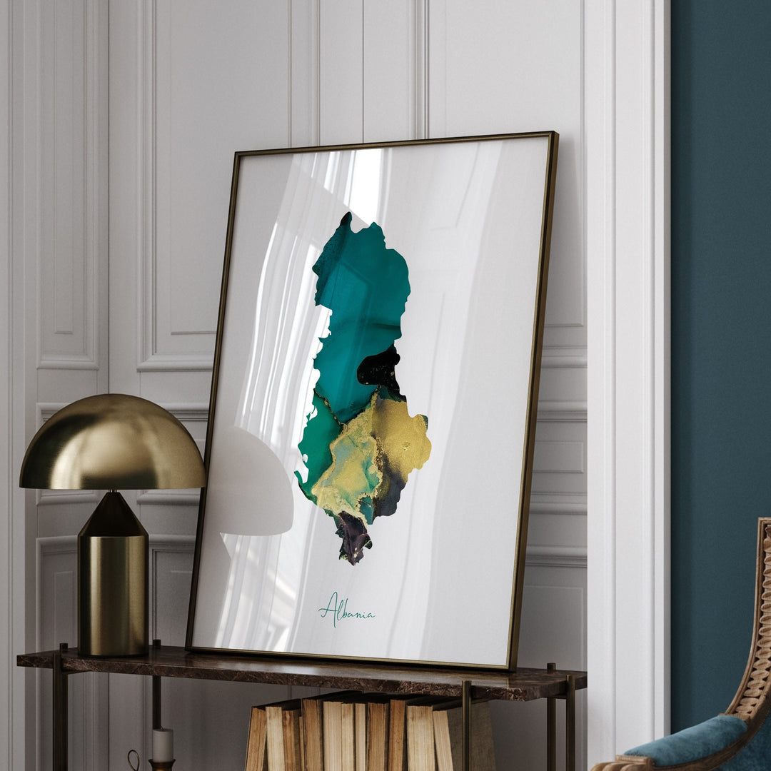 Albania Map Emerald Green and Gold Wall Art Print