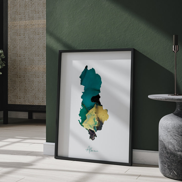 Albania Map Emerald Green and Gold Wall Art Print
