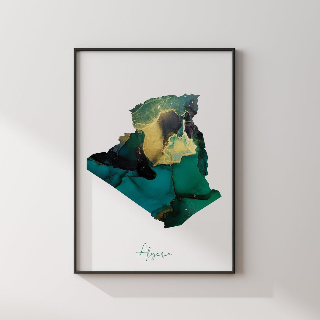Algeria Map Emerald Green and Gold Wall Art Print