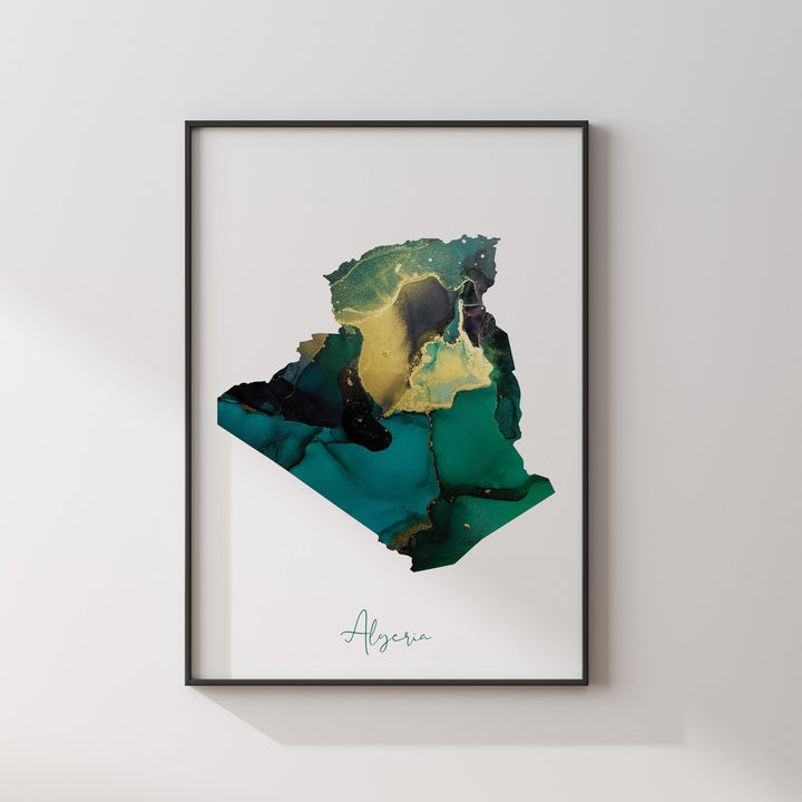 Algeria Map Emerald Green and Gold Wall Art Print