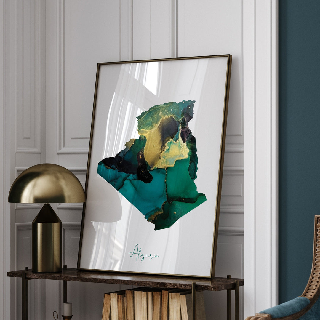 Algeria Map Emerald Green and Gold Wall Art Print