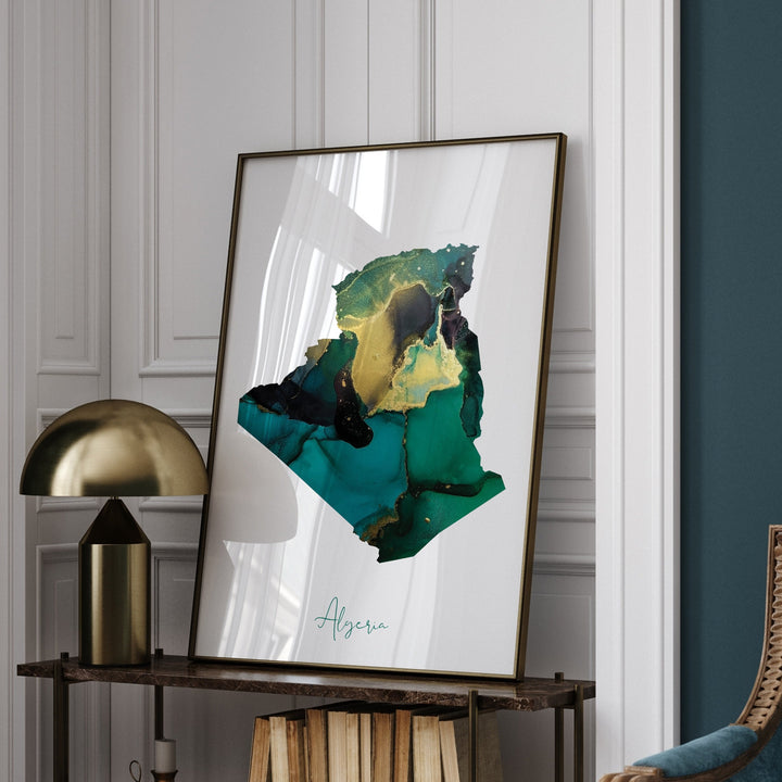 Algeria Map Emerald Green and Gold Wall Art Print
