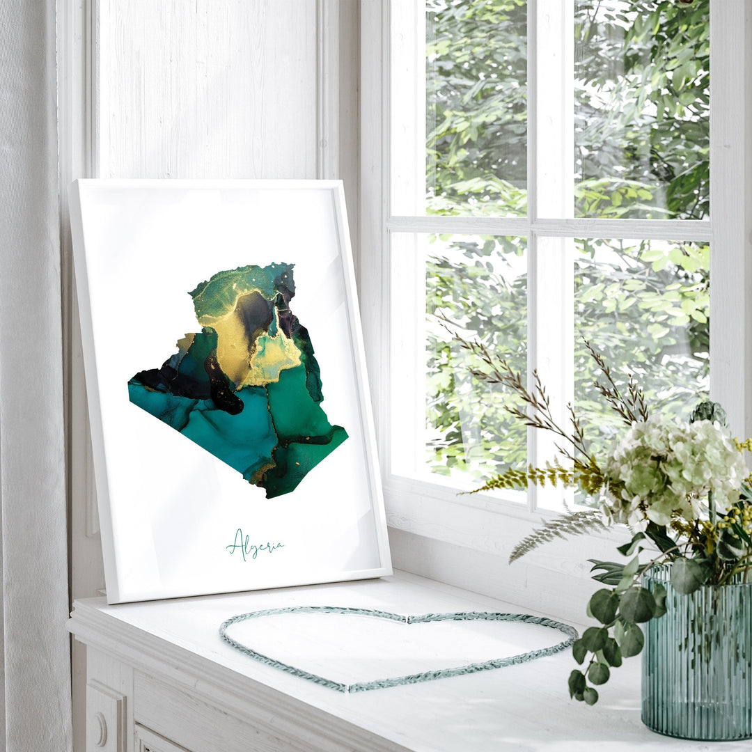 Algeria Map Emerald Green and Gold Wall Art Print