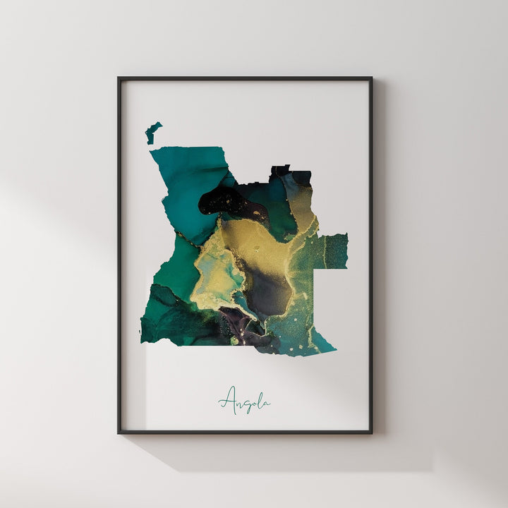 Angola Map Emerald Green and Gold Wall Art Print