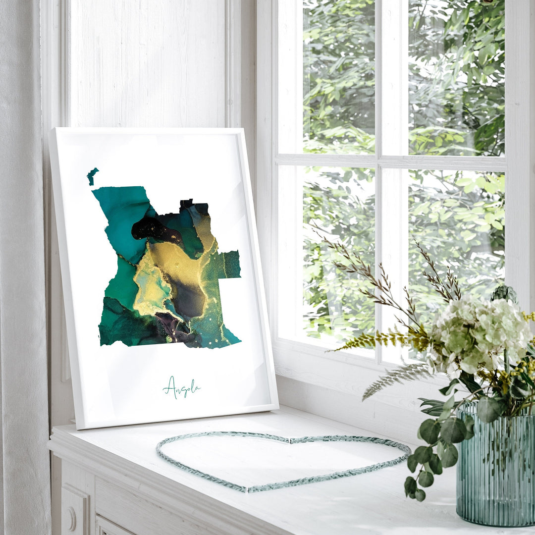 Angola Map Emerald Green and Gold Wall Art Print