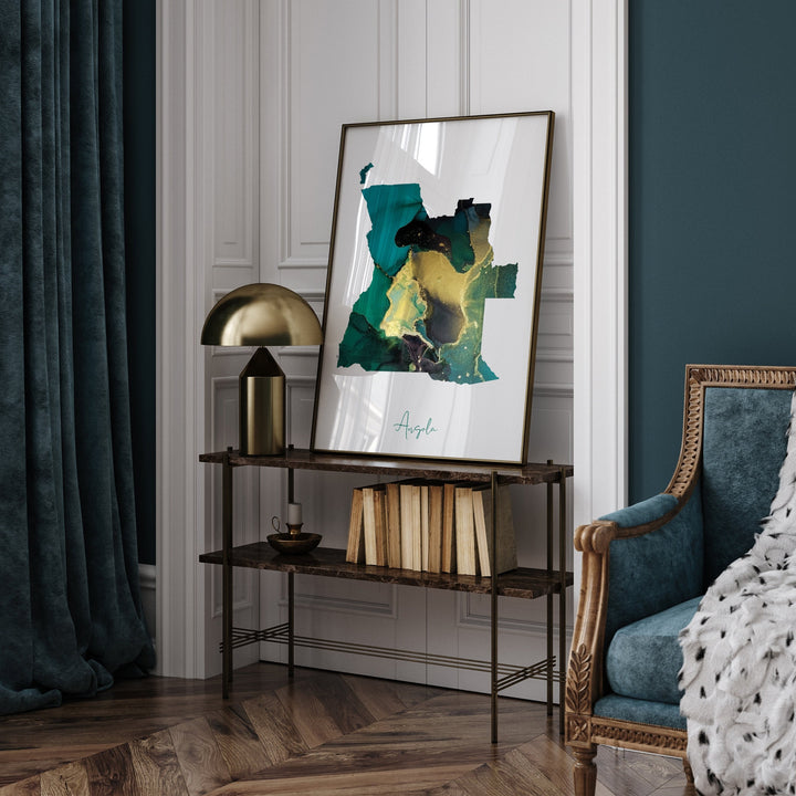 Angola Map Emerald Green and Gold Wall Art Print