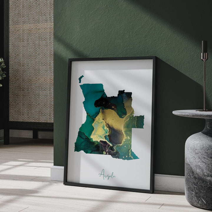 Angola Map Emerald Green and Gold Wall Art Print