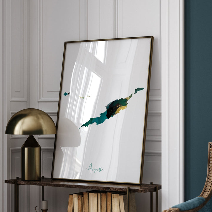 Anguilla Map Emerald Green and Gold Wall Art Print