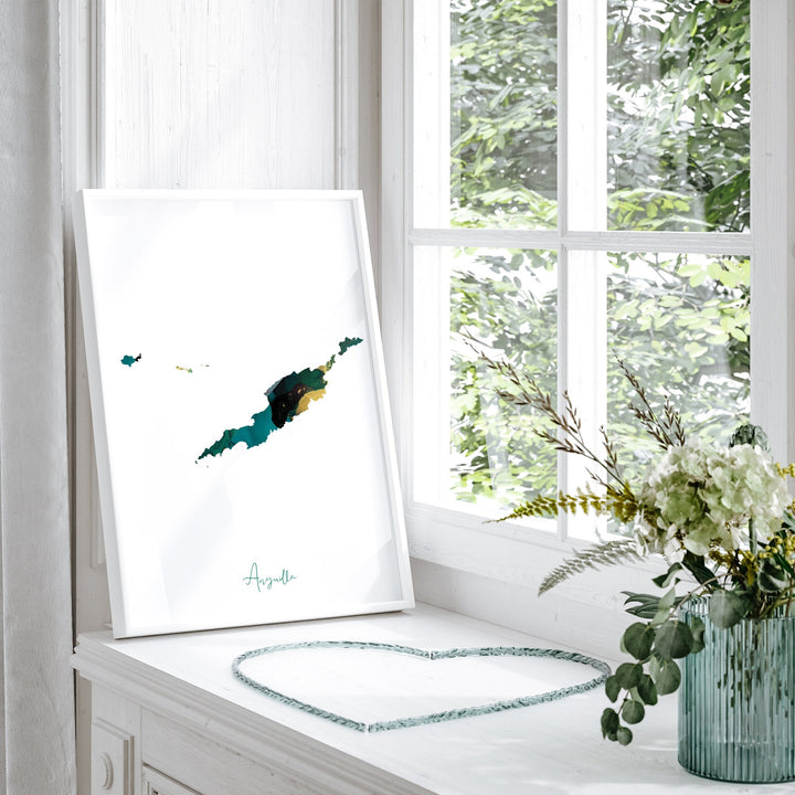 Anguilla Map Emerald Green and Gold Wall Art Print