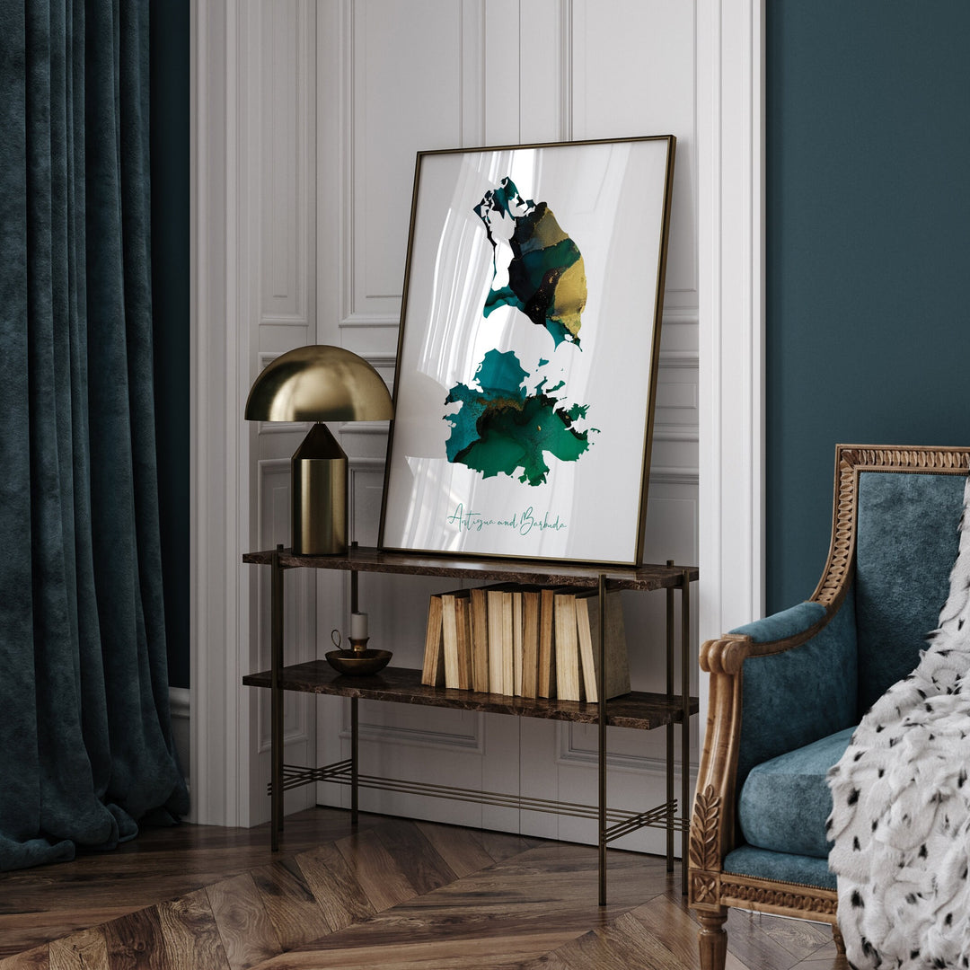 Antigua and Barbuda Map Emerald Green and Gold Wall Art Print