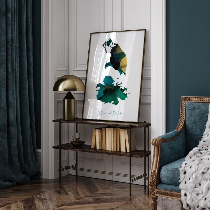 Antigua and Barbuda Map Emerald Green and Gold Wall Art Print