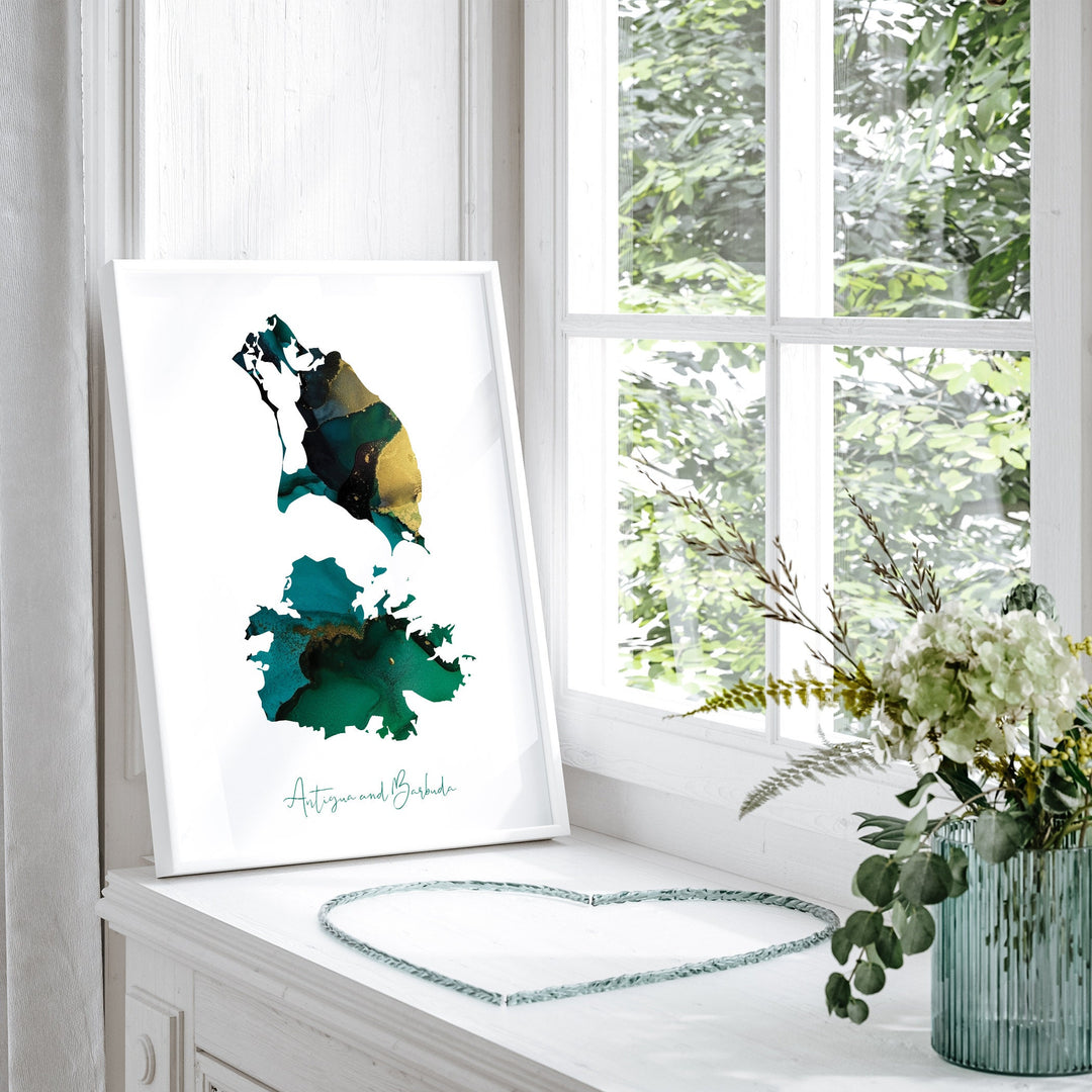 Antigua and Barbuda Map Emerald Green and Gold Wall Art Print