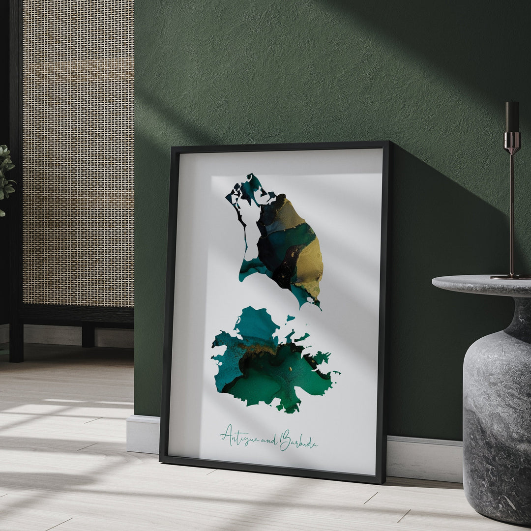 Antigua and Barbuda Map Emerald Green and Gold Wall Art Print