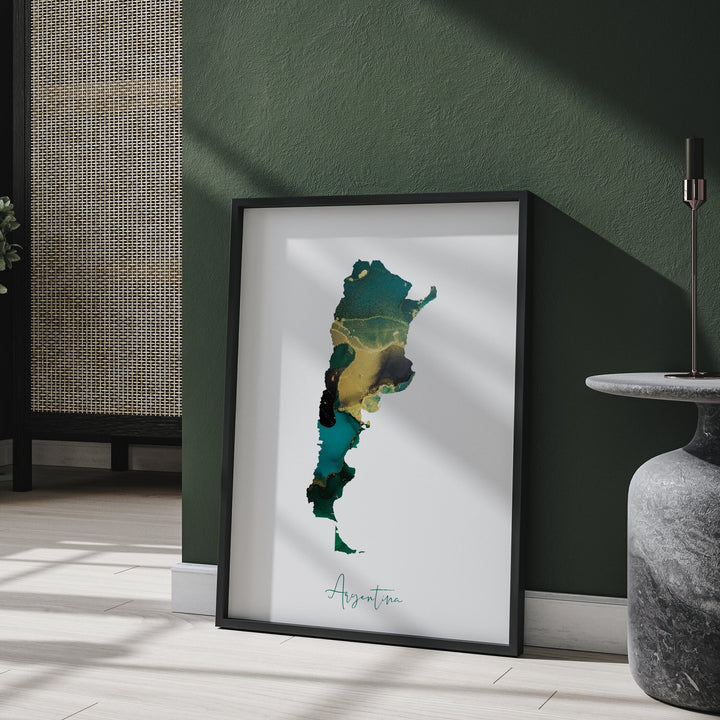 Argentina Map Emerald Green and Gold Wall Art Print