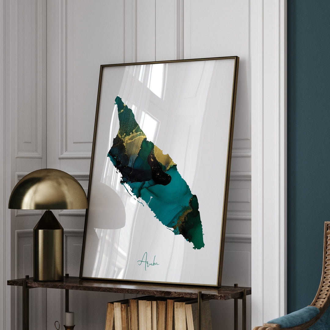 Aruba Map Emerald Green and Gold Wall Art Print