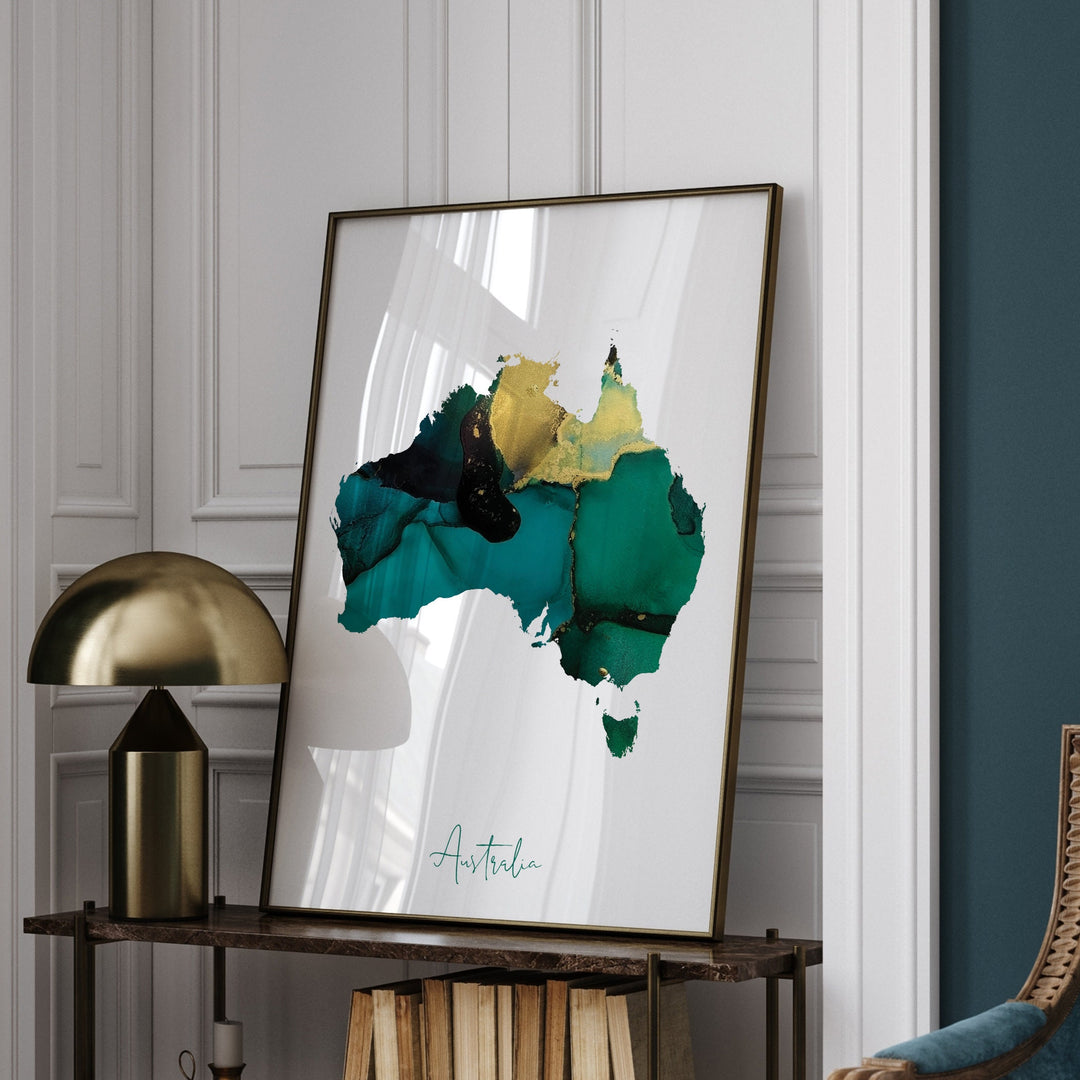 Australia Map Emerald Green and Gold Wall Art Print