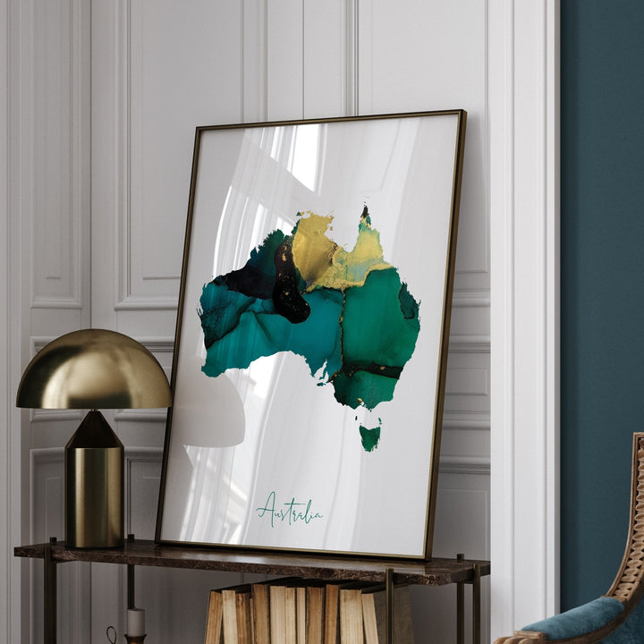 Australia Map Emerald Green and Gold Wall Art Print