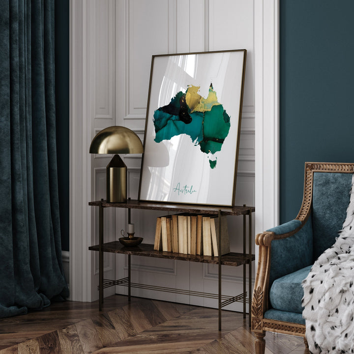 Australia Map Emerald Green and Gold Wall Art Print