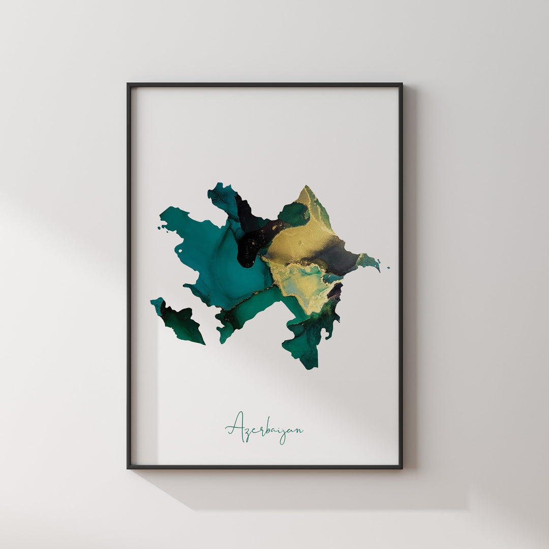 Azerbaijan Map Emerald Green and Gold Wall Art Print