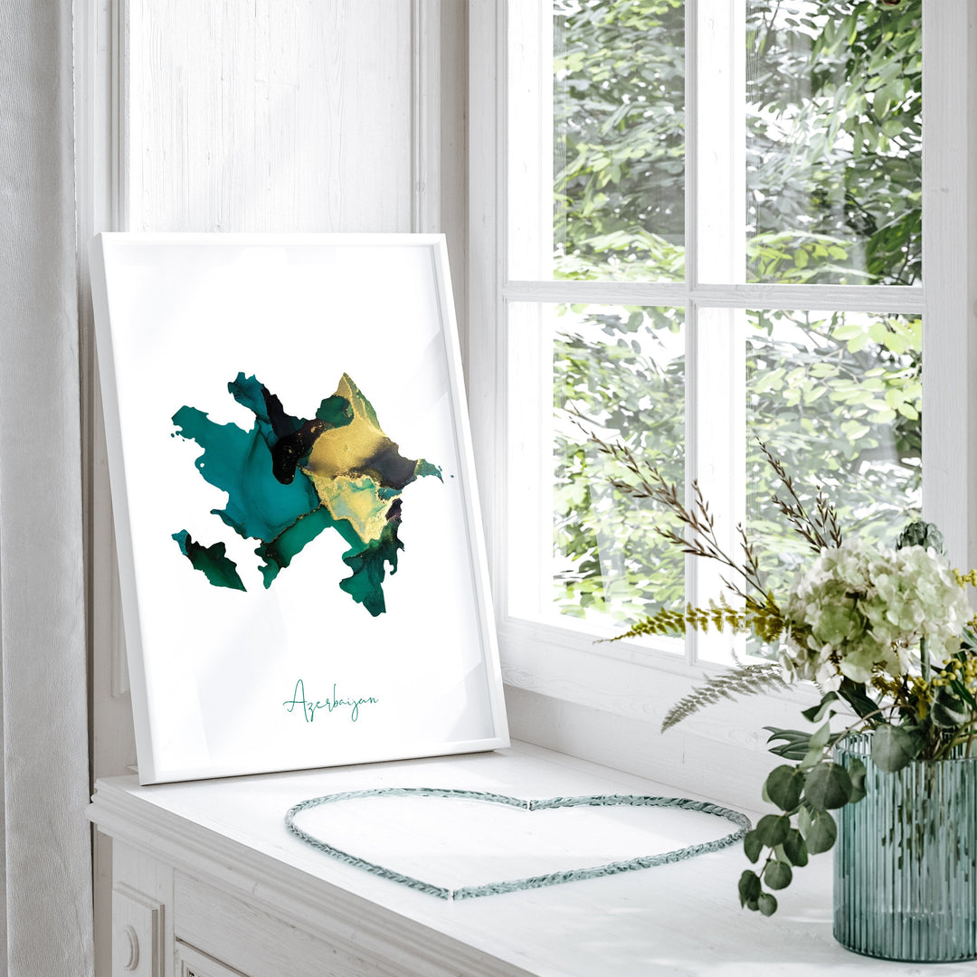 Azerbaijan Map Emerald Green and Gold Wall Art Print