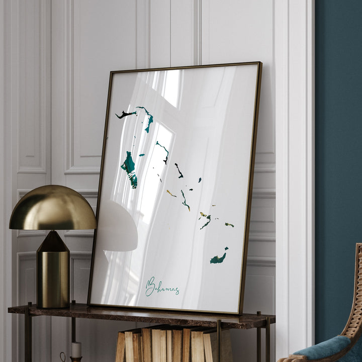The Bahamas Map Emerald Green and Gold Wall Art Print