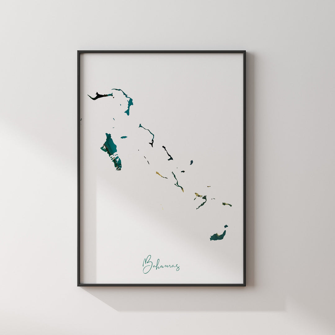 The Bahamas Map Emerald Green and Gold Wall Art Print