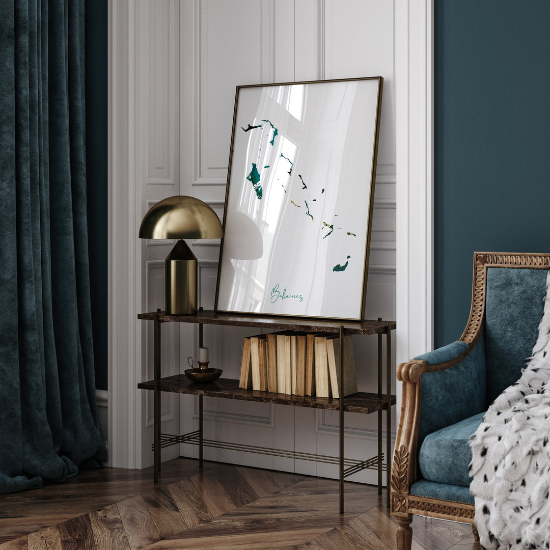 The Bahamas Map Emerald Green and Gold Wall Art Print
