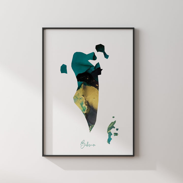 Bahrain Map Emerald Green and Gold Wall Art Print