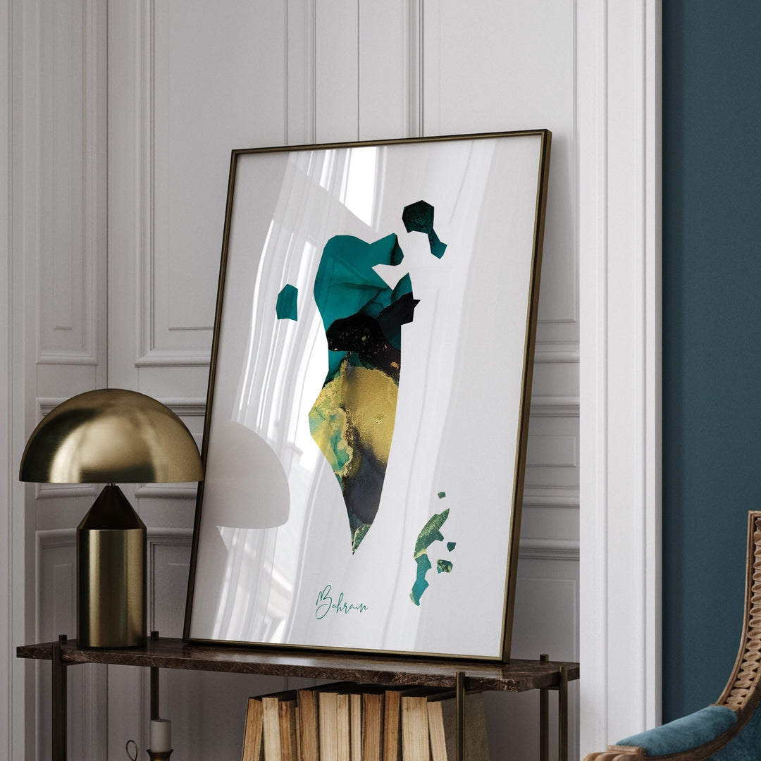 Bahrain Map Emerald Green and Gold Wall Art Print