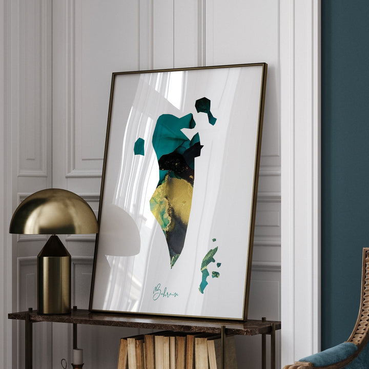 Bahrain Map Emerald Green and Gold Wall Art Print