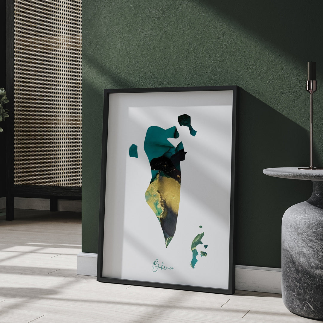 Bahrain Map Emerald Green and Gold Wall Art Print