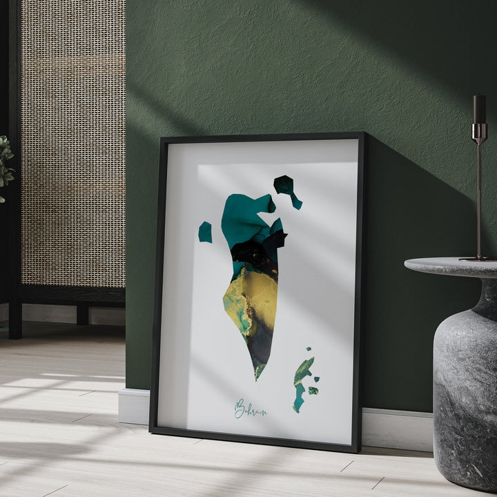 Bahrain Map Emerald Green and Gold Wall Art Print