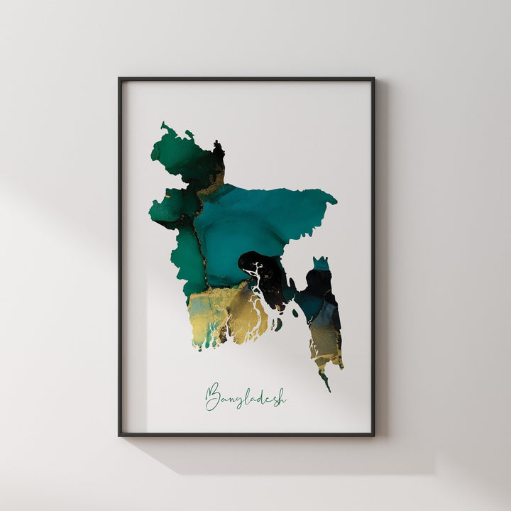 Bangladesh Map Emerald Green and Gold Wall Art Print
