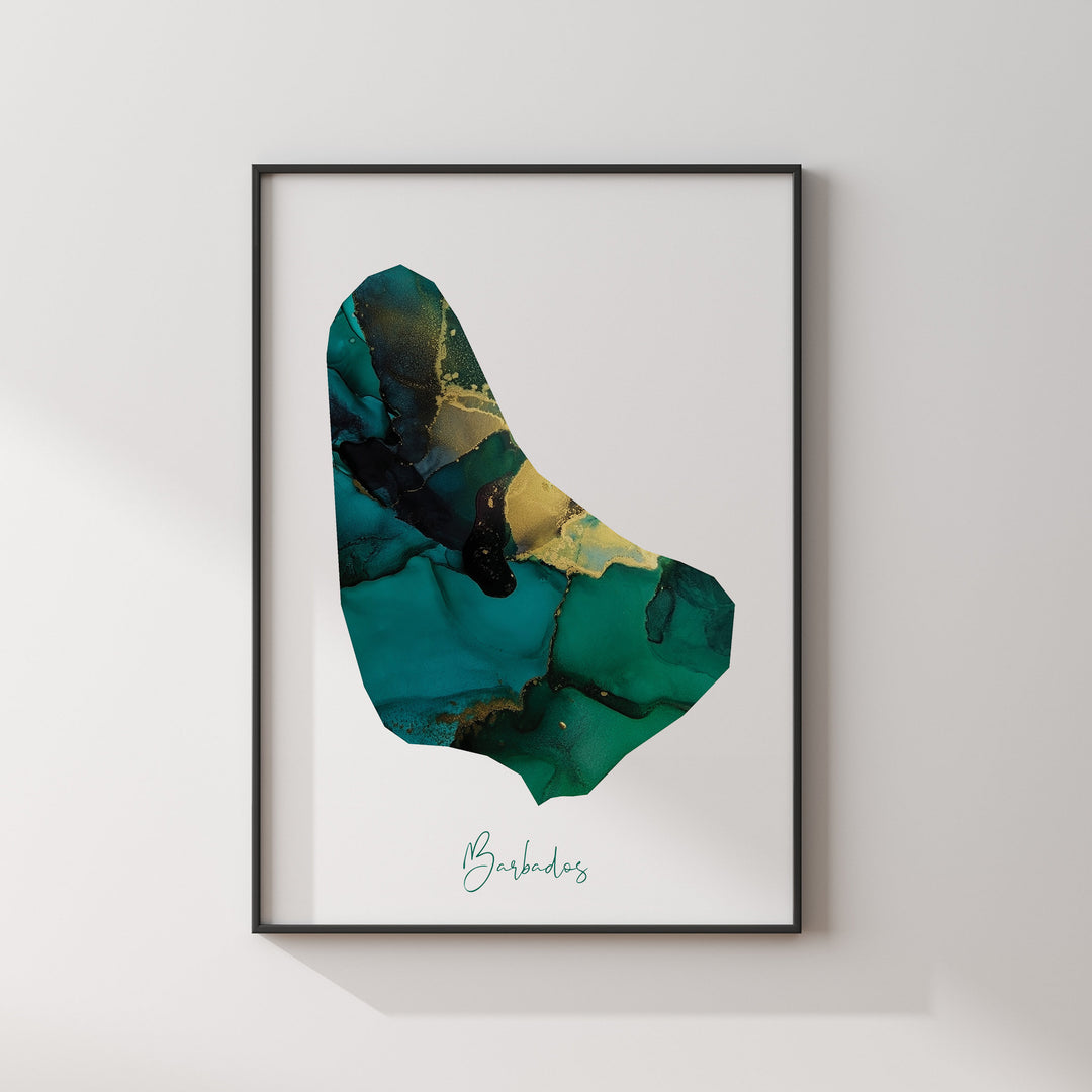 Barbados Map Emerald Green and Gold Wall Art Print