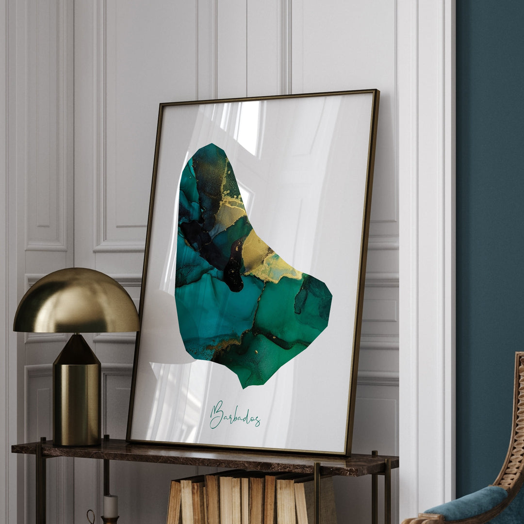 Barbados Map Emerald Green and Gold Wall Art Print