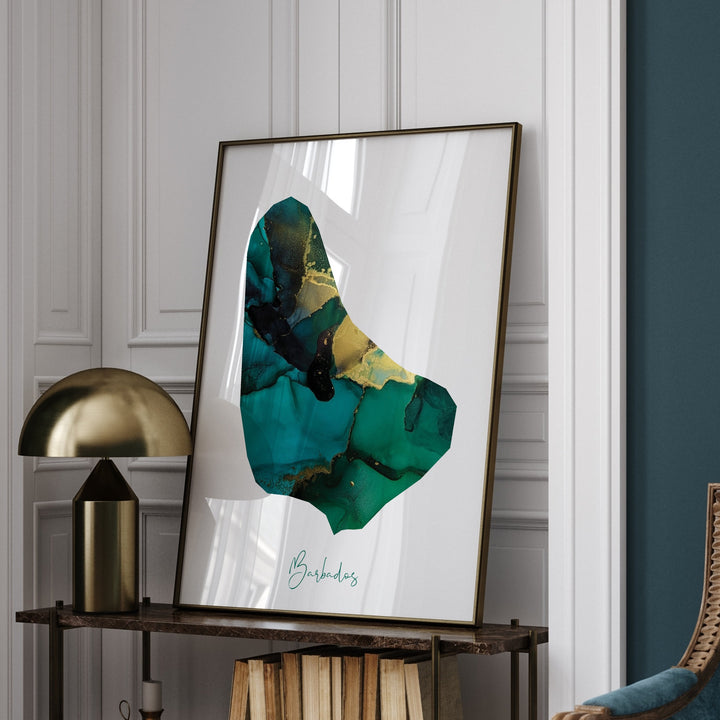 Barbados Map Emerald Green and Gold Wall Art Print