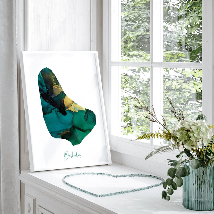 Barbados Map Emerald Green and Gold Wall Art Print