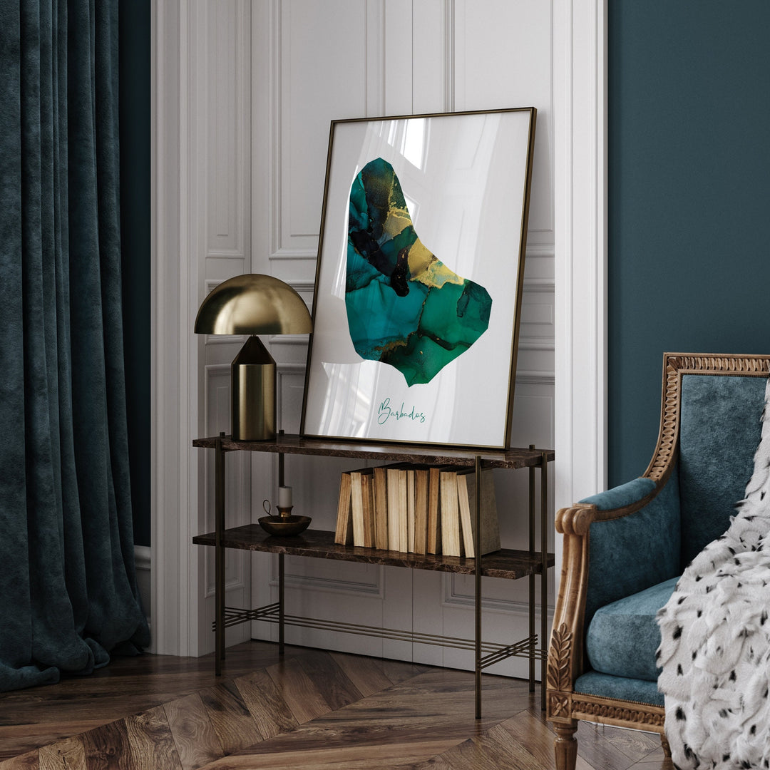 Barbados Map Emerald Green and Gold Wall Art Print
