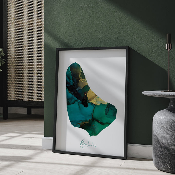 Barbados Map Emerald Green and Gold Wall Art Print