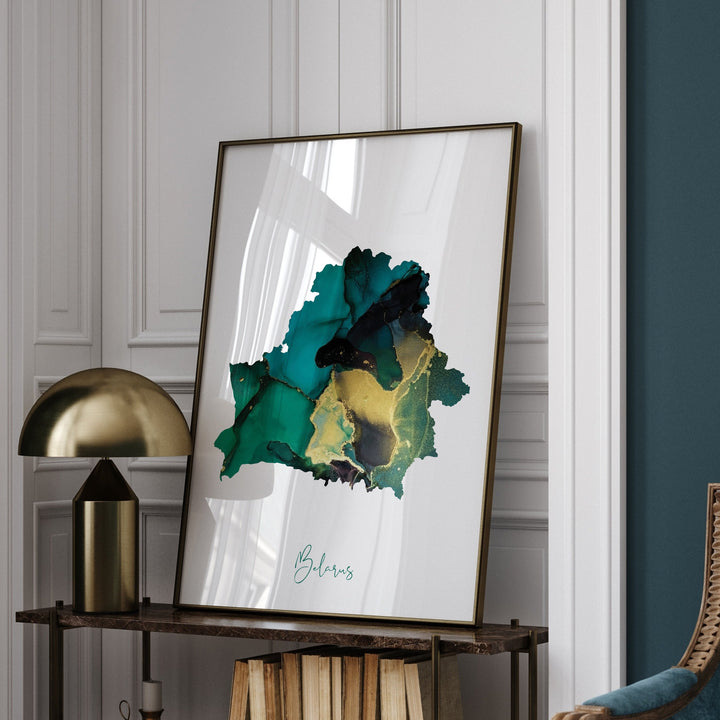 Belarus Map Emerald Green and Gold Wall Art Print